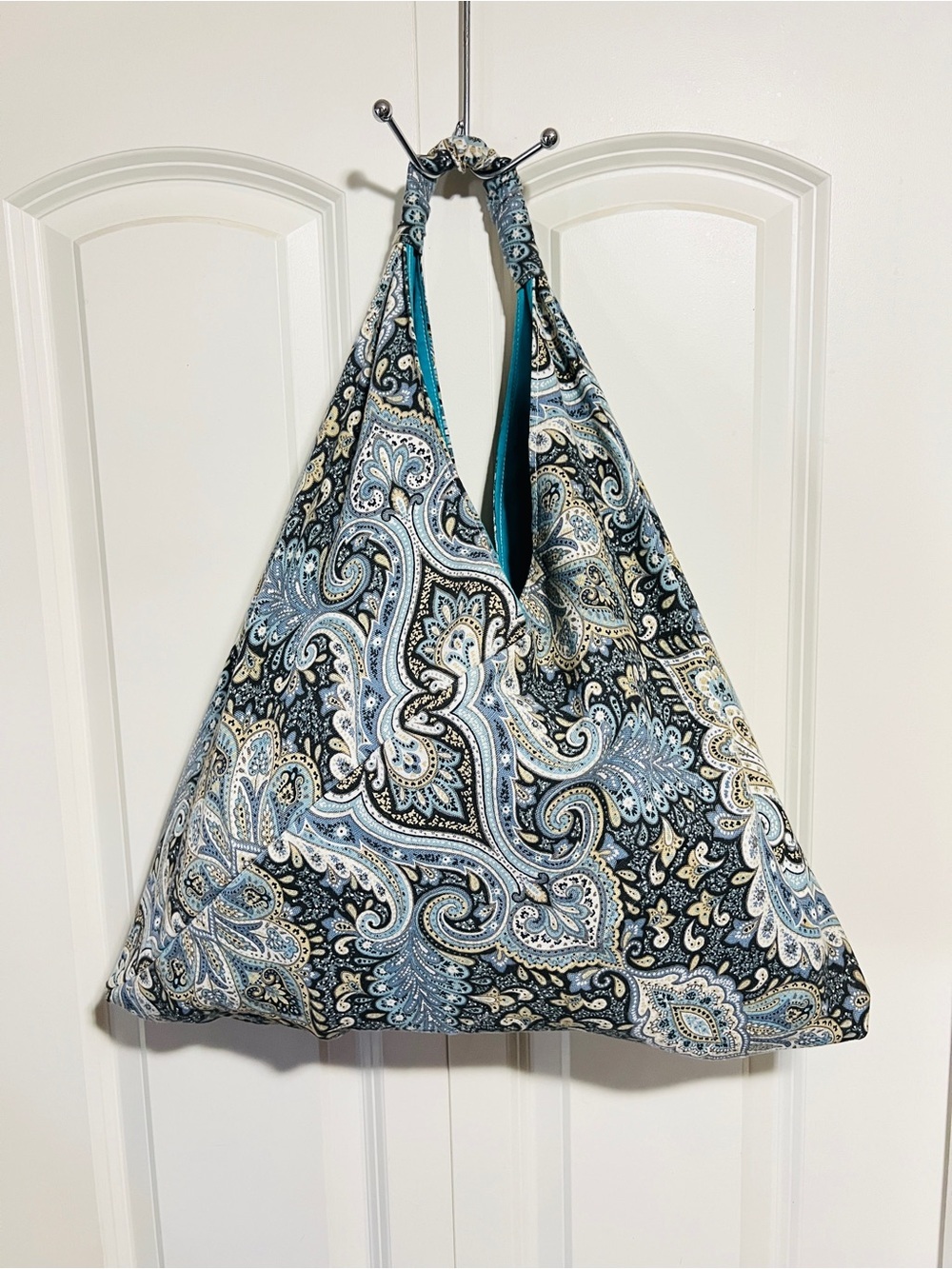 Hobo Shoulder Tote Bag Handmade Blue Paisley Print Reversible Summer Festival